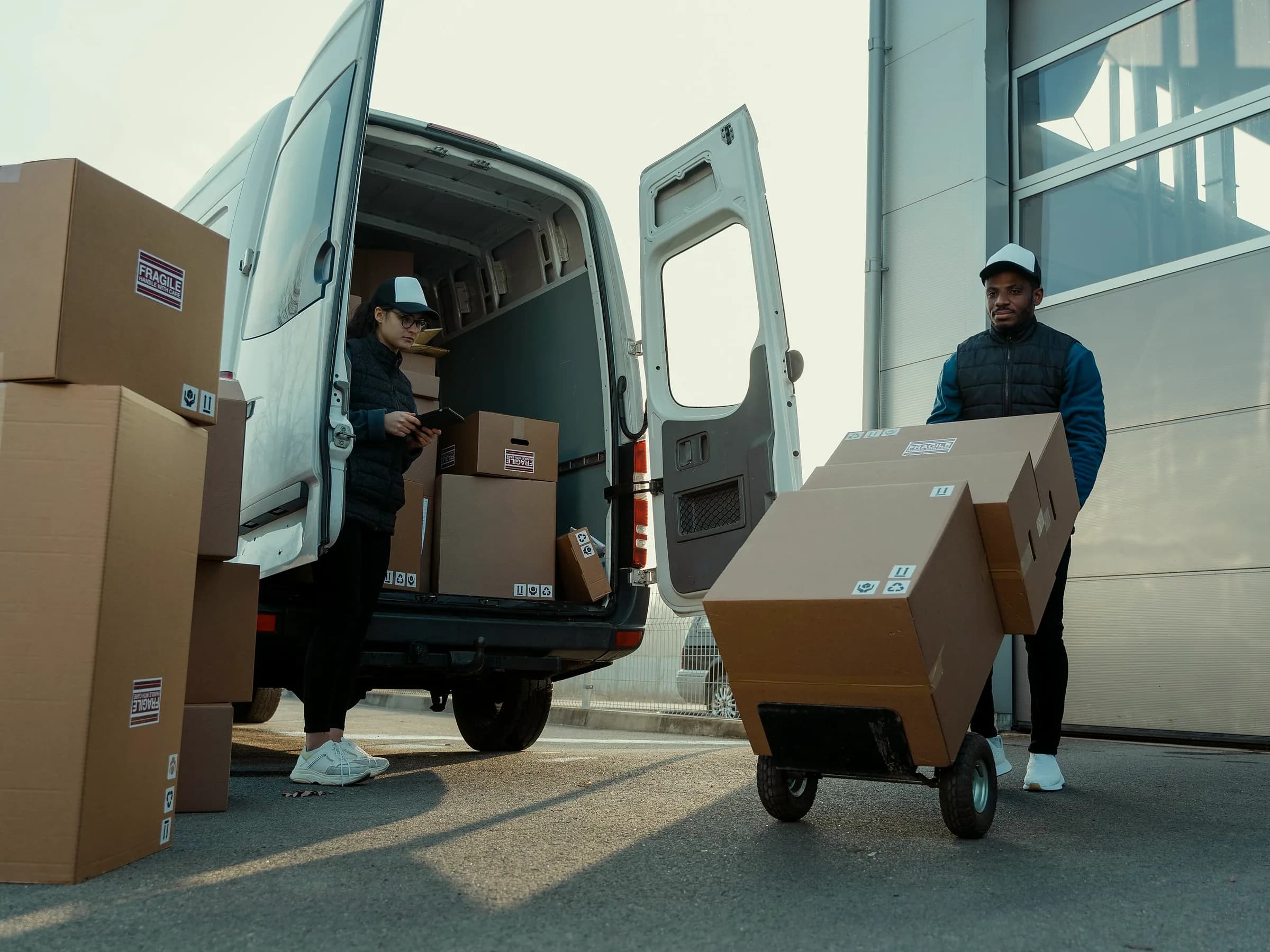 Workers loading corrugated boxes into a delivery van