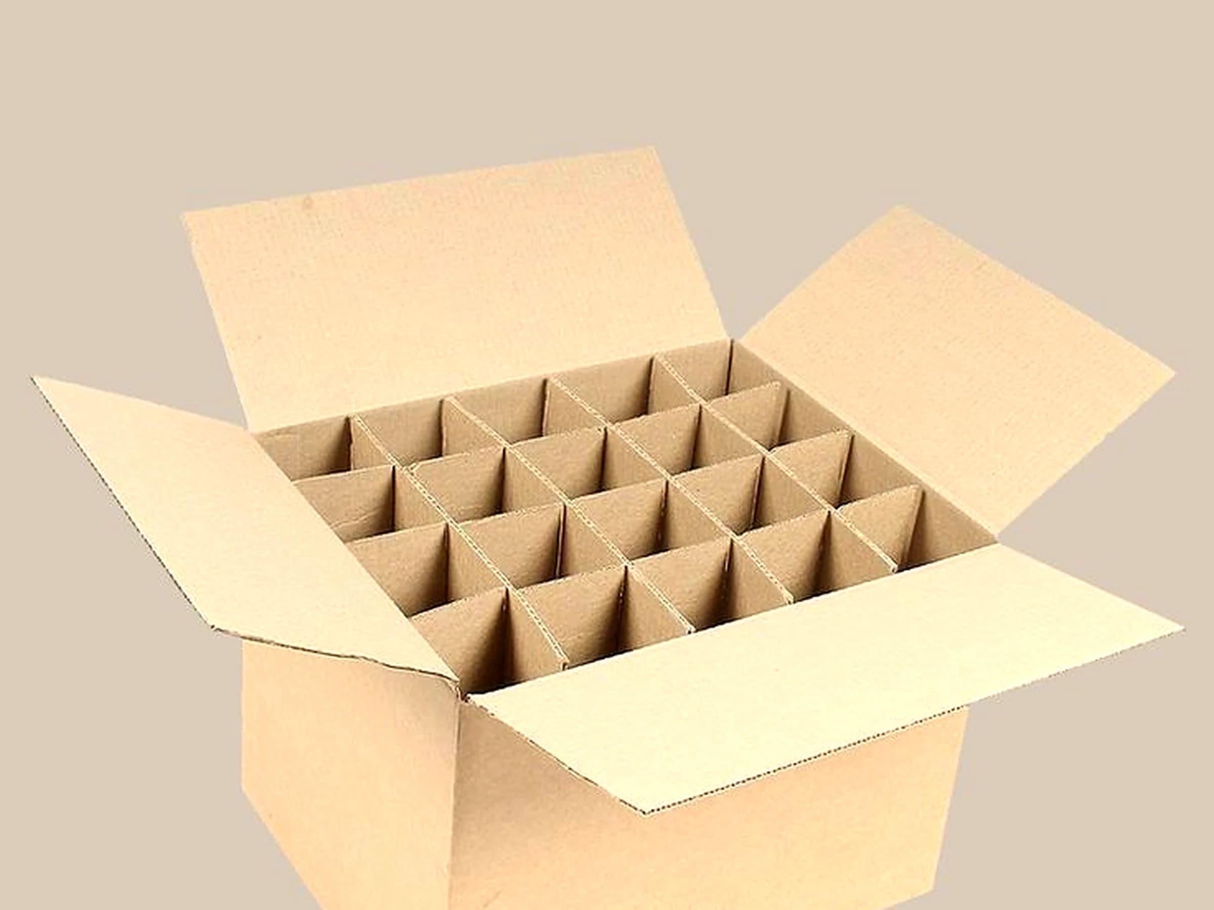 Open corrugated shipper carton fitted with cardboard partitions